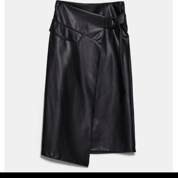 Zara Faux Leather M Black Skirt Faux Wrap - Picture 6 of 8